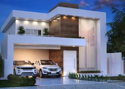 Luxuosa e Moderna Esta planta de casa de dois andares tem uma fachada limpa que se mistura com a madeira, vidro e tinta branca. O paisagismo e a iluminação são simplificados